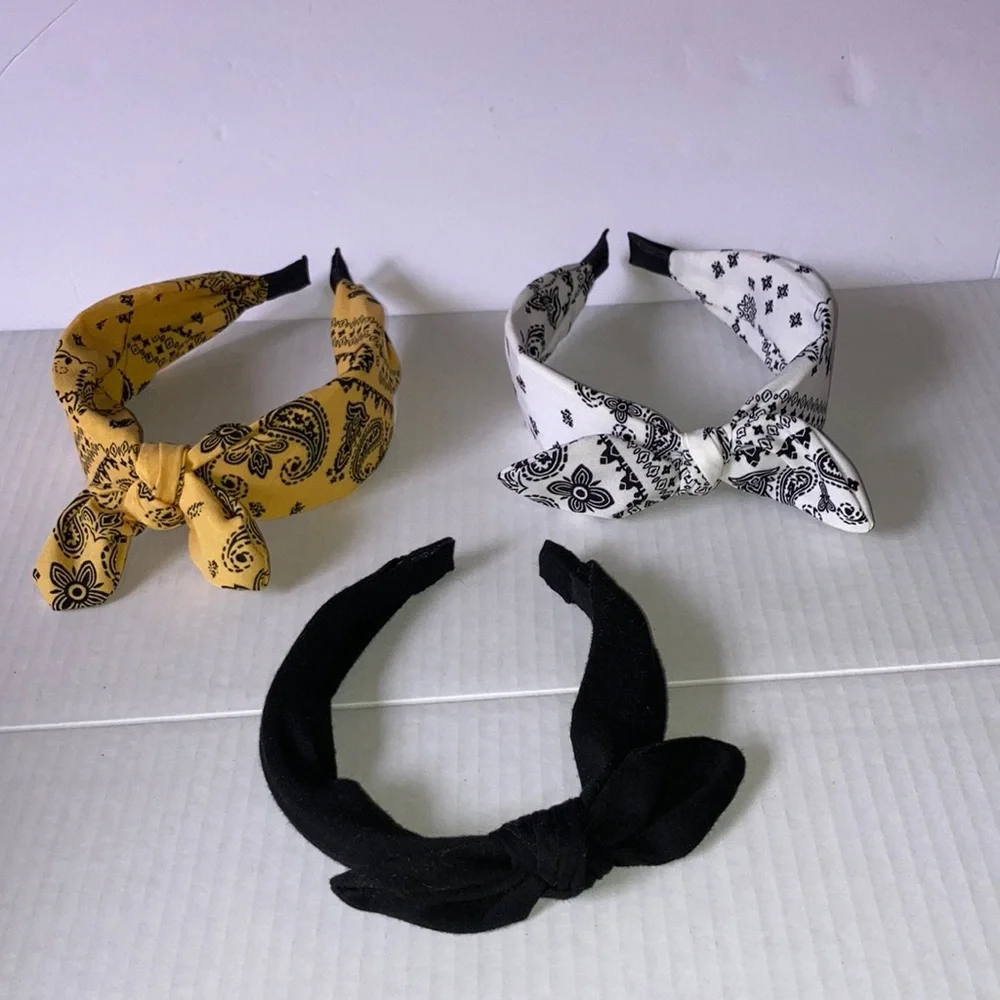 WIDE Knotted Headband Paisley and Solid Color with Top Knot Accent Set of 3